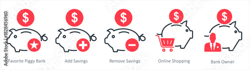 A set of 5 business icons as favorite piggy bank, add savings