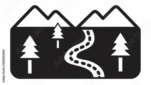 Serene mountain landscape icon with winding river and evergreen trees, ideal for outdoors adventure brands and nature-themed projects, originally vector graphics