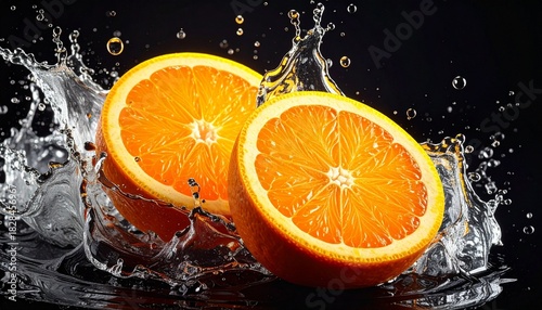 Two orange halves burst mid-splash—ritual of vitality and motion, where citrus segments and water droplets choreograph the sensory architecture of freshness and energetic release.
