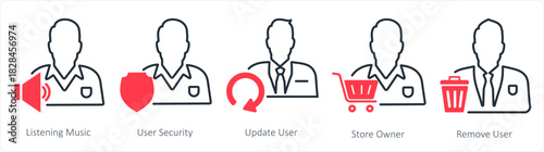 A set of 5 business icons as listening music, user security, update user
