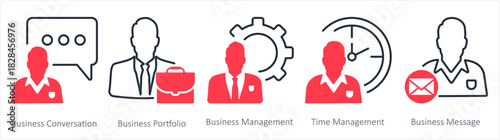 A set of 5 business icons as business conversation, business portfolio, business management