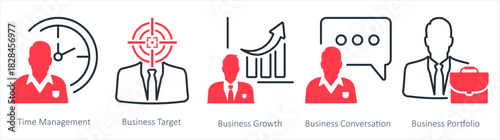 A set of 5 business icons as time management, business target, business growth