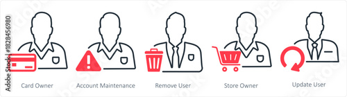A set of 5 business icons as card owner, account maintenance, remove user