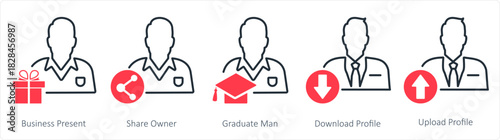 A set of 5 business icons as business present, share owner, graduate man