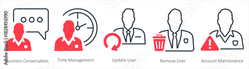 A set of 5 business icons as business conversation, time management, update user