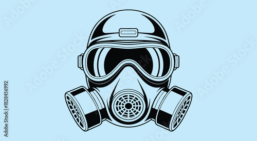 detailed illustration of a full face gas mask, providing protection against hazardous airborne substances, toxic fumes, chemical exposure, and environmental pollution for industrial safety.