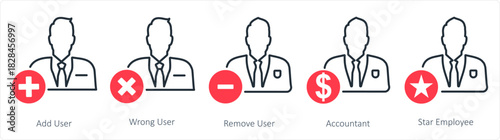 A set of 5 business icons as add user, wrong user, remove user