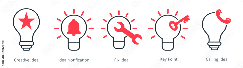 Fototapeta premium A set of 5 business icons as creative idea, idea notification, fix idea