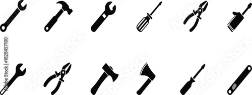 Hand tool silhouettes, construction icons, black vector set, DIY equipment, repair tools, maintenance gear, isolated illustration, workshop essentials