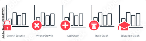 A set of 5 business icons as growth security, wrong growth, add graph