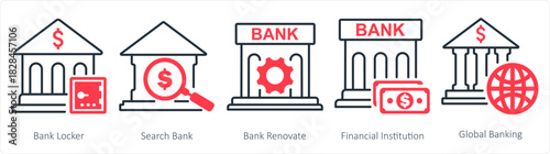 A set of 5 business icons as bank locker, search bank, bank renovate