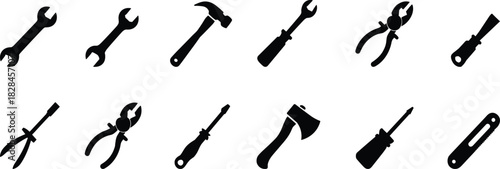 Hand tool silhouettes, black vector icons, DIY repair tools, construction equipment, maintenance gear, workshop essentials, isolated illustration set