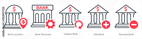 A set of 5 business icons as bank location, bank renovate, update bank
