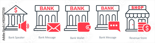 A set of 5 business icons as bank speaker, bank message, bank wallet