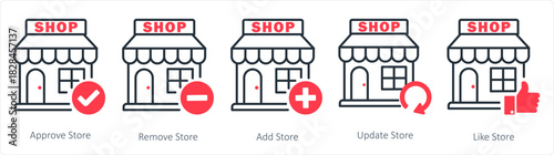 A set of 5 business icons as approve store, remove store, add store
