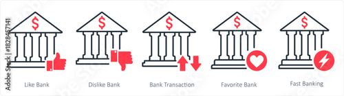 A set of 5 business icons as like bank, dislike bank, bank transaction