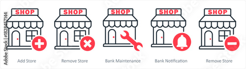 A set of 5 business icons as add store, remove store, bank maintenance