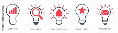 A set of 5 business icons as graph idea, search idea, idea notification