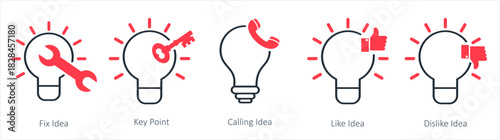 A set of 5 business icons as fix idea, key point, calling idea