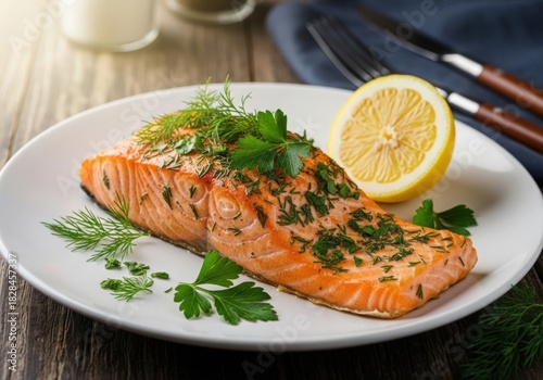 Wallpaper Mural Delicious baked salmon fillet with fresh herbs and lemon Torontodigital.ca