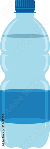Plastic water bottle vector, hydration container icon, blue cap design, consumer product graphic, packaging illustration, 