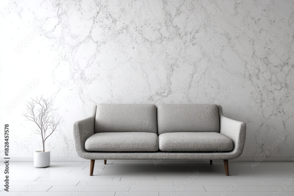 Fototapeta premium Minimalist room with a gray sofa against a white marble wall.