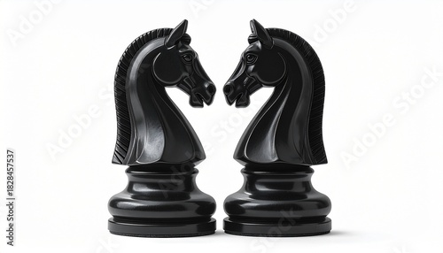 Two black knight chess pieces face each other—mirrored tension of strategy and symbolism, where equine forms choreograph the silent duel of intellect and calculated movement.