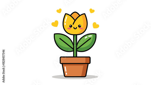 Adorable kawaii yellow tulip flower in a terracotta pot with floating hearts.