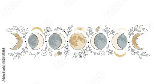 Detailed moon phase illustration with floral ornaments and gentle color scheme representation of