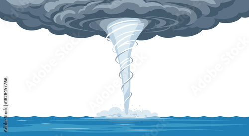 Illustration of waterspout with swirling vortex and ominous dark clouds over the ocean