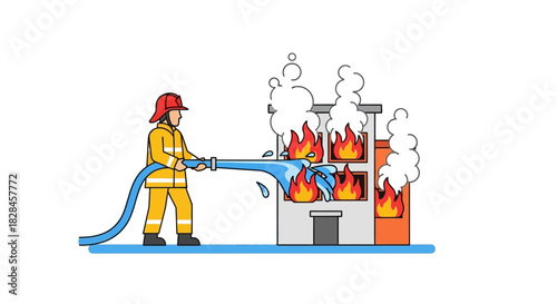 Brave fireman extinguishing a building fire with high-pressure water hose heroism depicted in