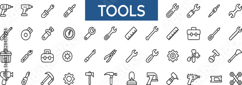 Tool icons collection, black outline tools, construction equipment, mechanical instruments, repair symbols, handyman gear, 