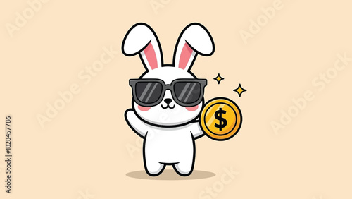 Cool cartoon rabbit wearing sunglasses holding a shiny golden dollar coin.