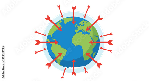 Worldwide Impact: Earth Globe Surrounded by Arrows Symbolizing Global Challenges
