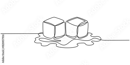 One continuous line illustration of stacked ice cubes, isolated on white background, Continuous line drawing of three ice cubes melting on a surface. Vector illustration, One continuous line.