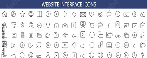 Website interface icon set, minimalist UI symbols, monochrome vector graphic, web design elements, user experience tools,