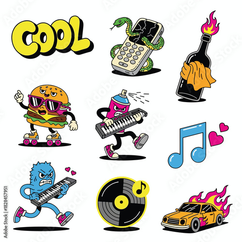 Cool Urban Street Art Cartoon Stickers Set with Music Food and Car Characters.