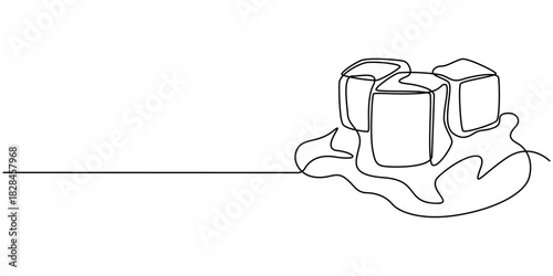 One continuous line illustration of stacked ice cubes, isolated on white background, Continuous line drawing of three ice cubes melting on a surface. Vector illustration, One continuous line.