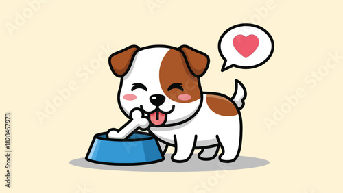 Cute Cartoon Dog Happily Eating Bone from Blue Bowl.