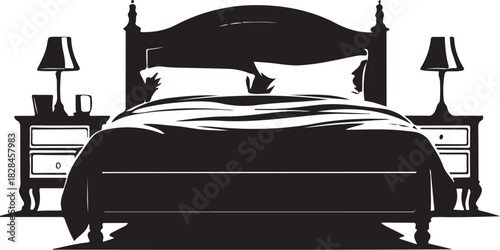 Black silhouette of a bed with nightstands and lamps