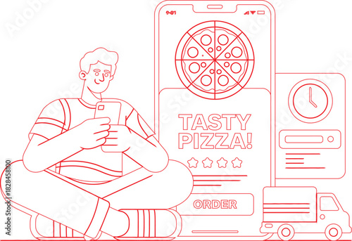 Cartoon Man Ordering Tasty Pizza Online Using a Mobile App with Delivery Service