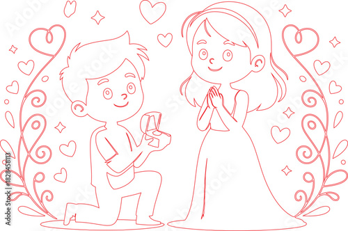 Cartoon Man Proposing to Woman in Dress, Red Outline Art with Hearts and Stars