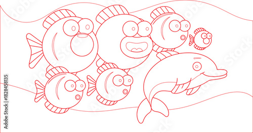 Cartoon Ocean Dolphin and Red Outline Fish Swimming Together Underwater Page