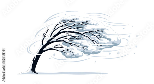 Illustrative lone tree covered in snow bending in the fierce wind of a blizzard environment