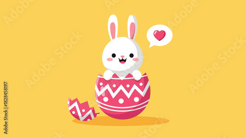Cute cartoon white bunny emerging from a broken pink decorated Easter egg with a heart speech bubble.