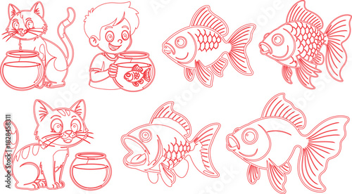Line Art Illustration of Cats, Goldfish, and Boy with Fishbowl, Red Outlines on White