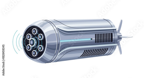 Futuristic metallic cylinder with glowing optics and turbine fins on a clean background