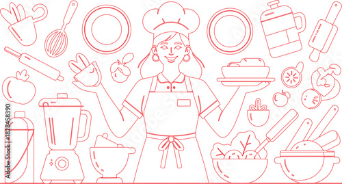 Line Art Smiling Chef Surrounded by Kitchen Utensils, Cookware, and Fresh Produce in a Bright Setting