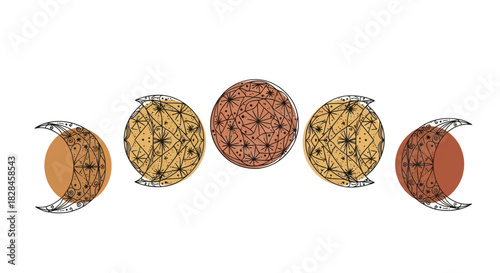 Stylized moon phases illustration with geometric patterns and earthy color palette