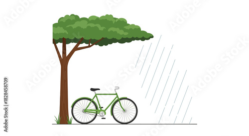 Green bicycle resting under tree during rainfall creates charming scene of nature's refuge